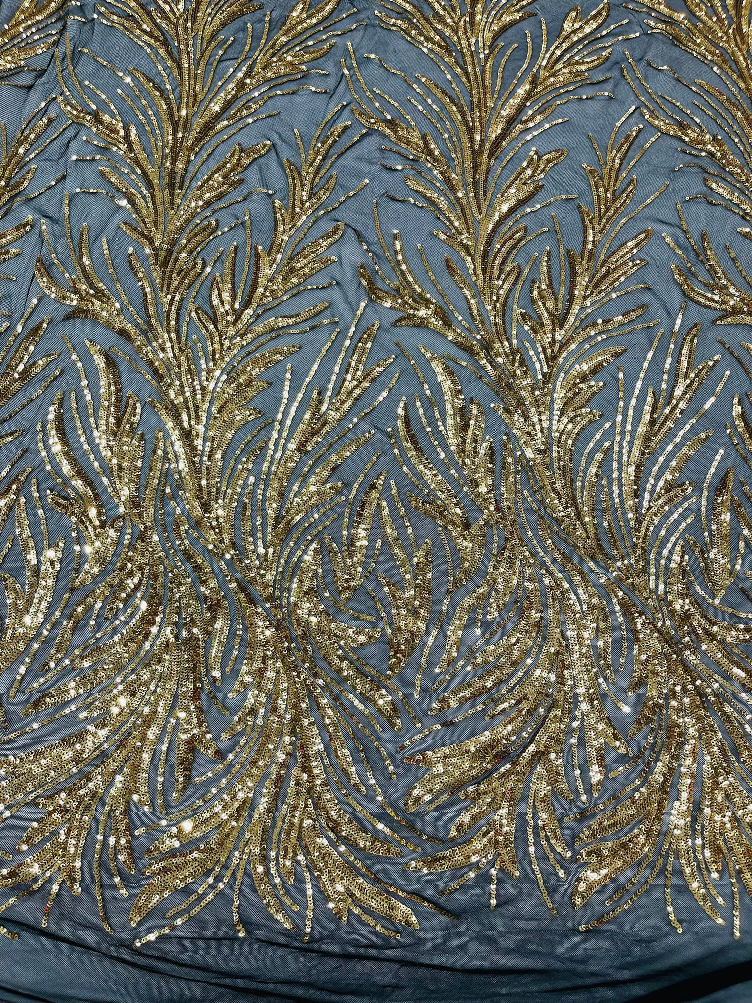 Feather Wing Shiny Sequin Design on a 4 Way Stretch mesh Fabric-Prom-Sold by The Yard.