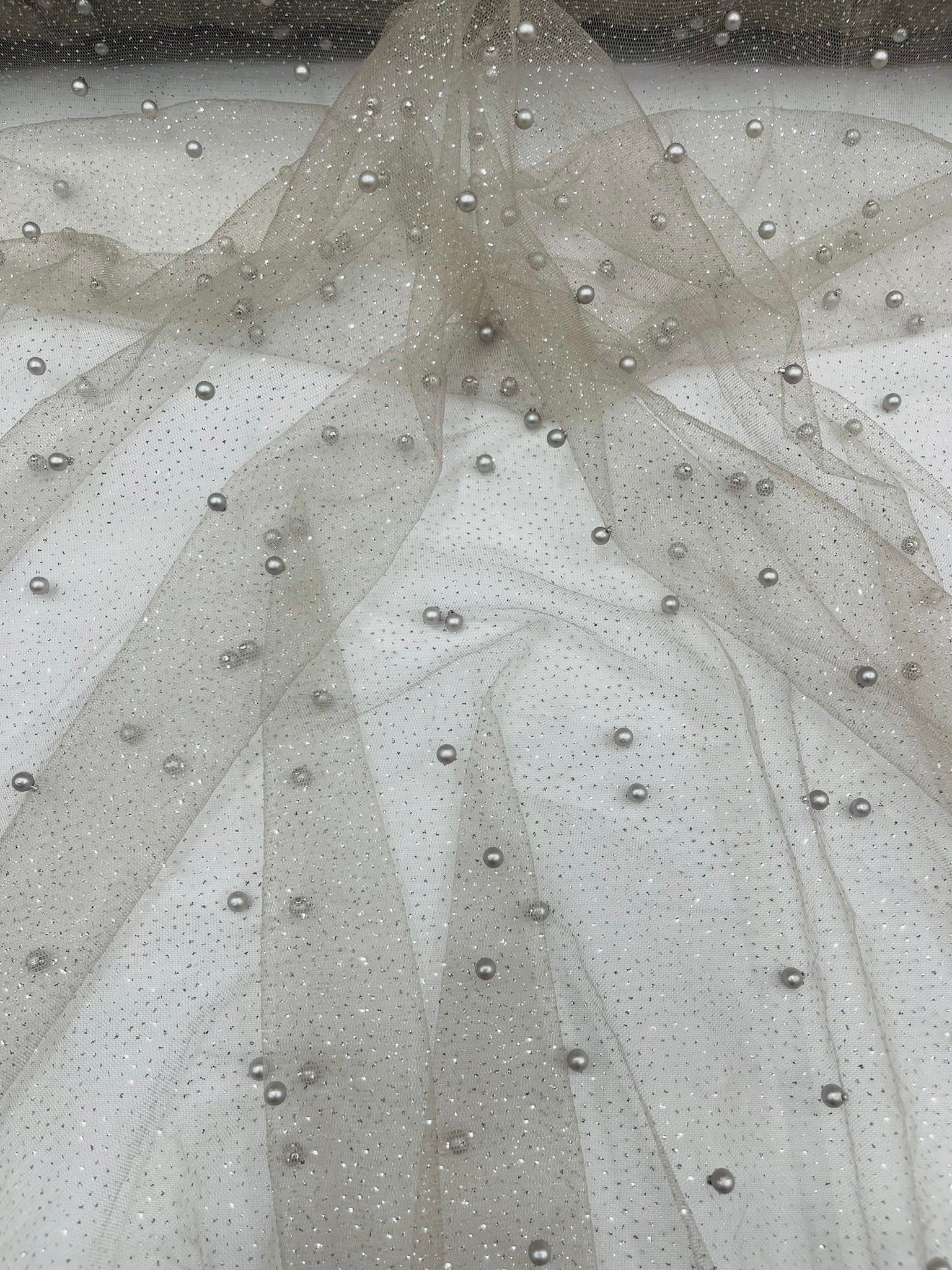 Pearl Glitter Studded Mesh, 2-Way Stretch Shimmer Mesh Fabric, Sold by the yard.