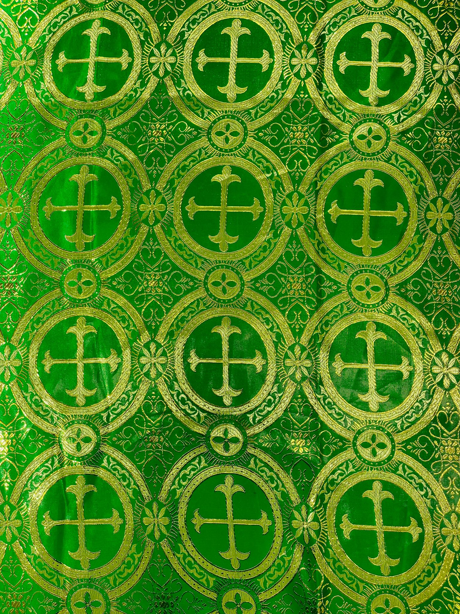 Green/Gold - Square Metallic Cross Brocade Jacquard Satin Table Overlay/Religious Brocade/Liturgical Fabric/Church.