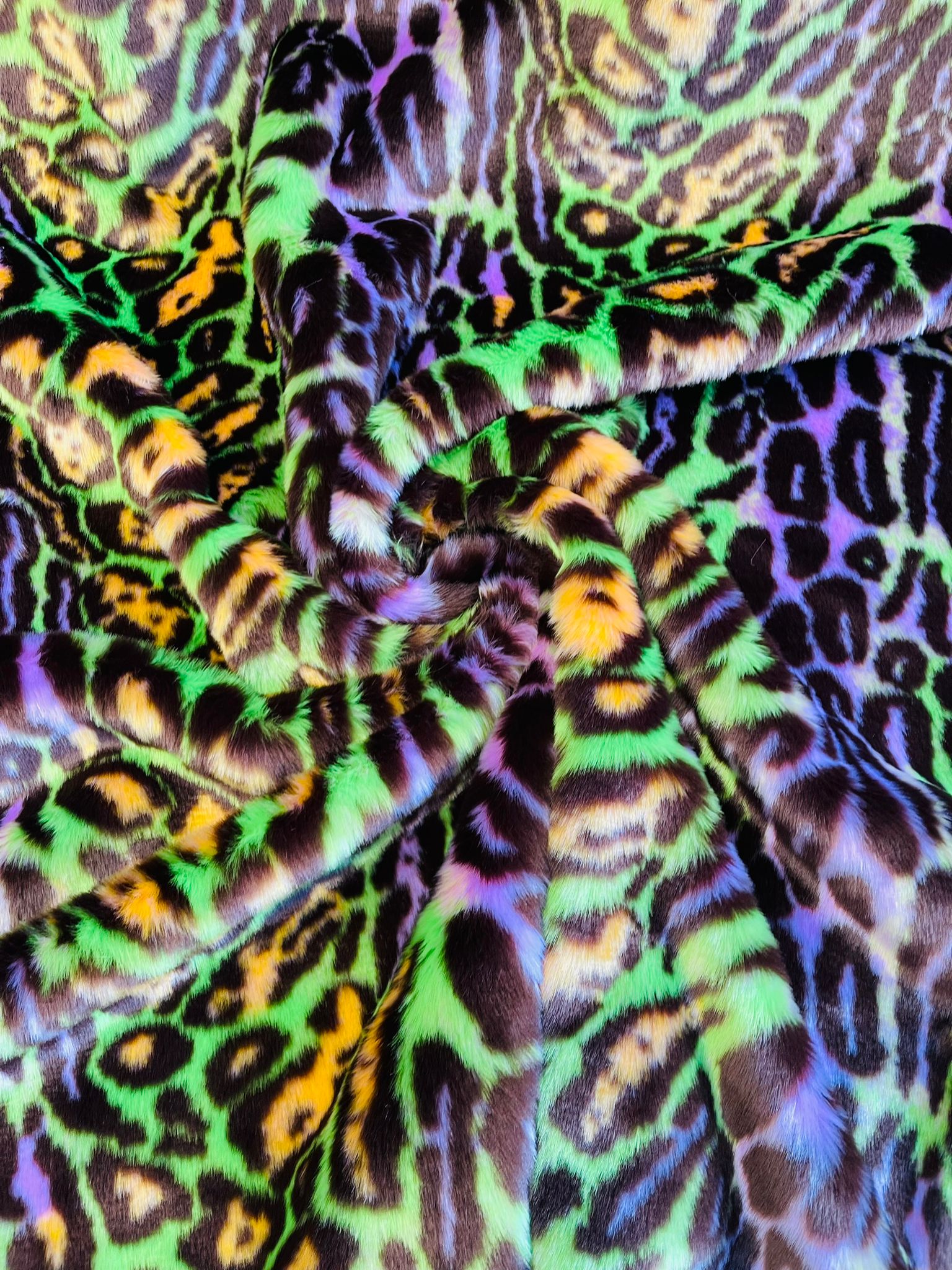 Leopard Tie Dyed Faux Fur, Black Light Reflective (by the yard)