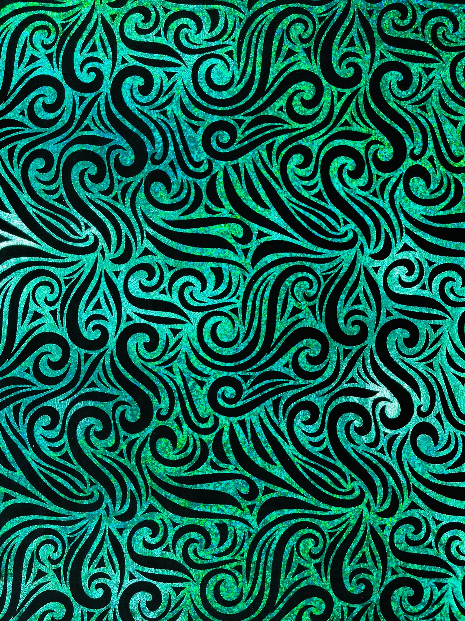 Holographic Foil Tribal Flame Design On A Stretch Velvet Fabric. Sold By The Yard