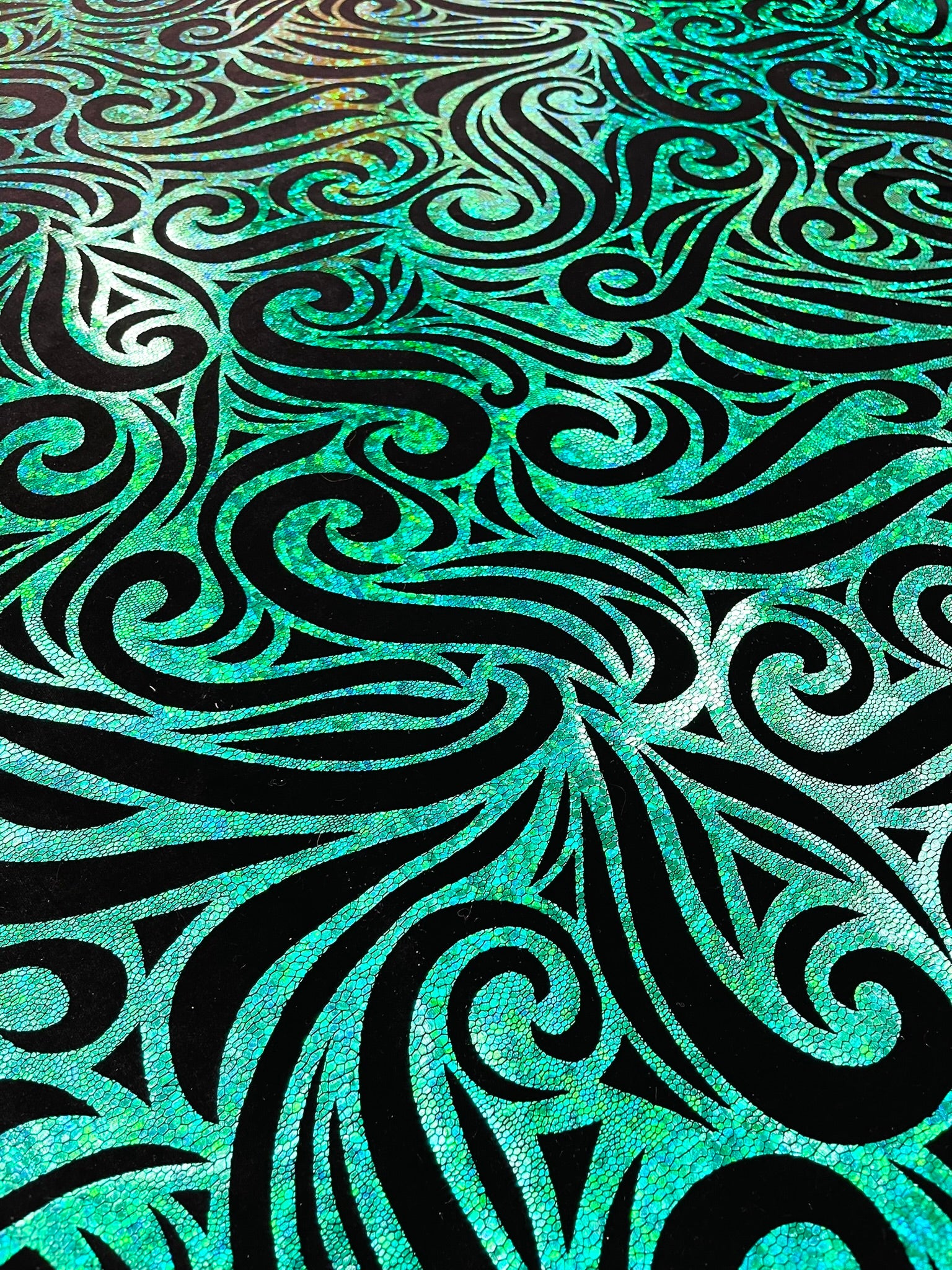 Holographic Foil Tribal Flame Design On A Stretch Velvet Fabric. Sold By The Yard