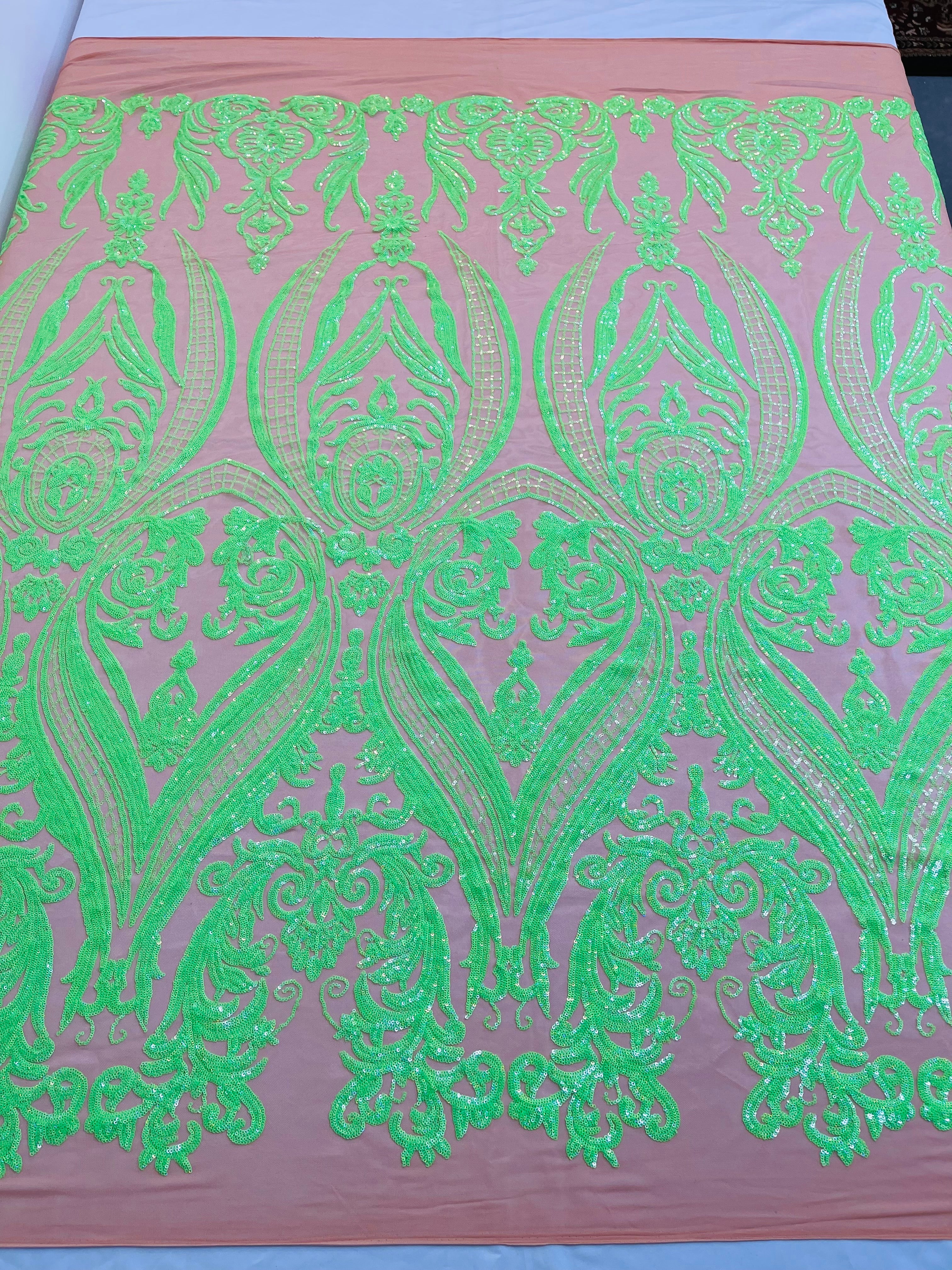 Big Damask 4 Way Sequins - Aqua Iridescent on White - Embroidered Damask Design Sequins Fabric Sold By Yard