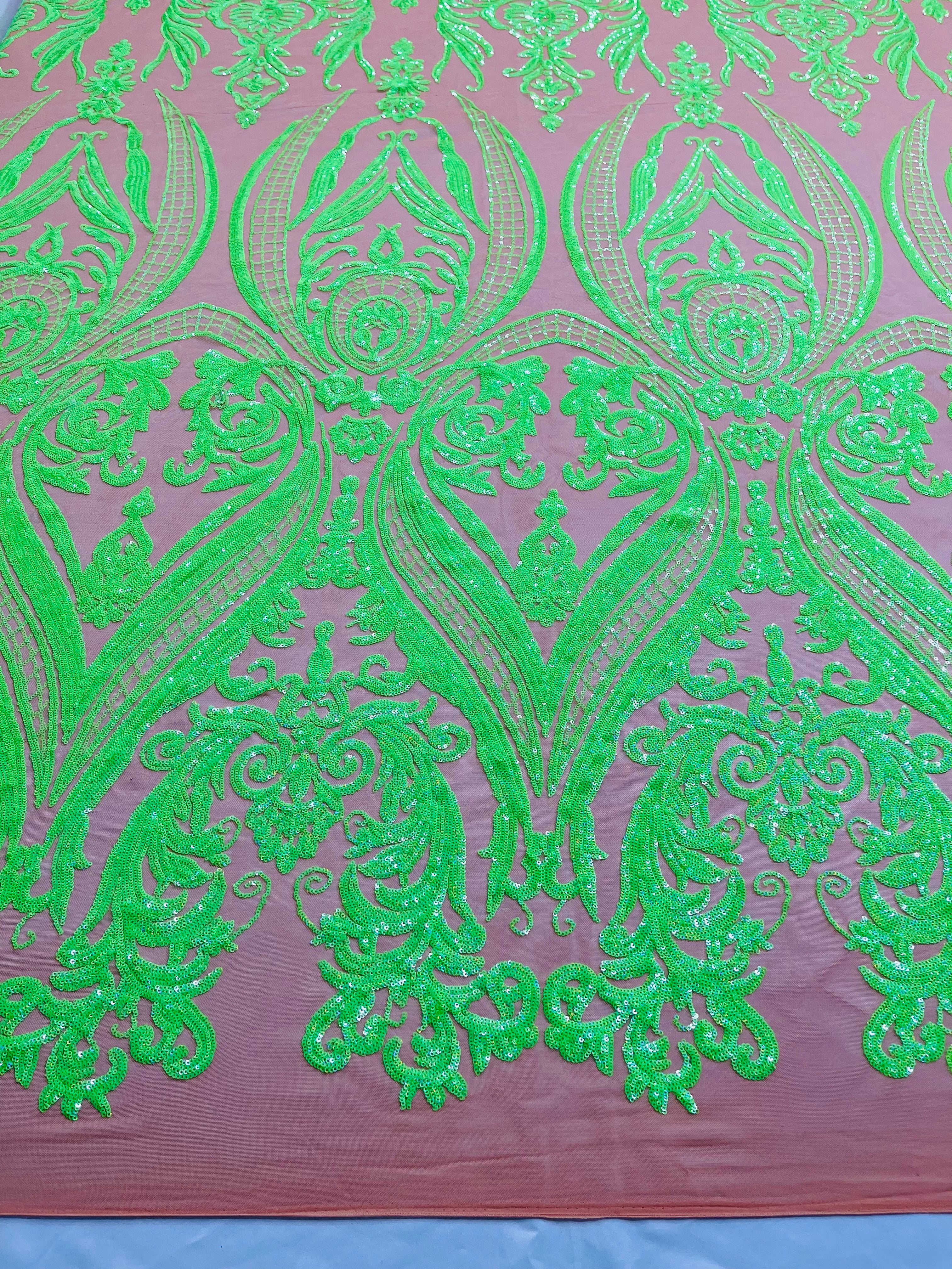 Big Damask 4 Way Sequins - Aqua Iridescent on White - Embroidered Damask Design Sequins Fabric Sold By Yard