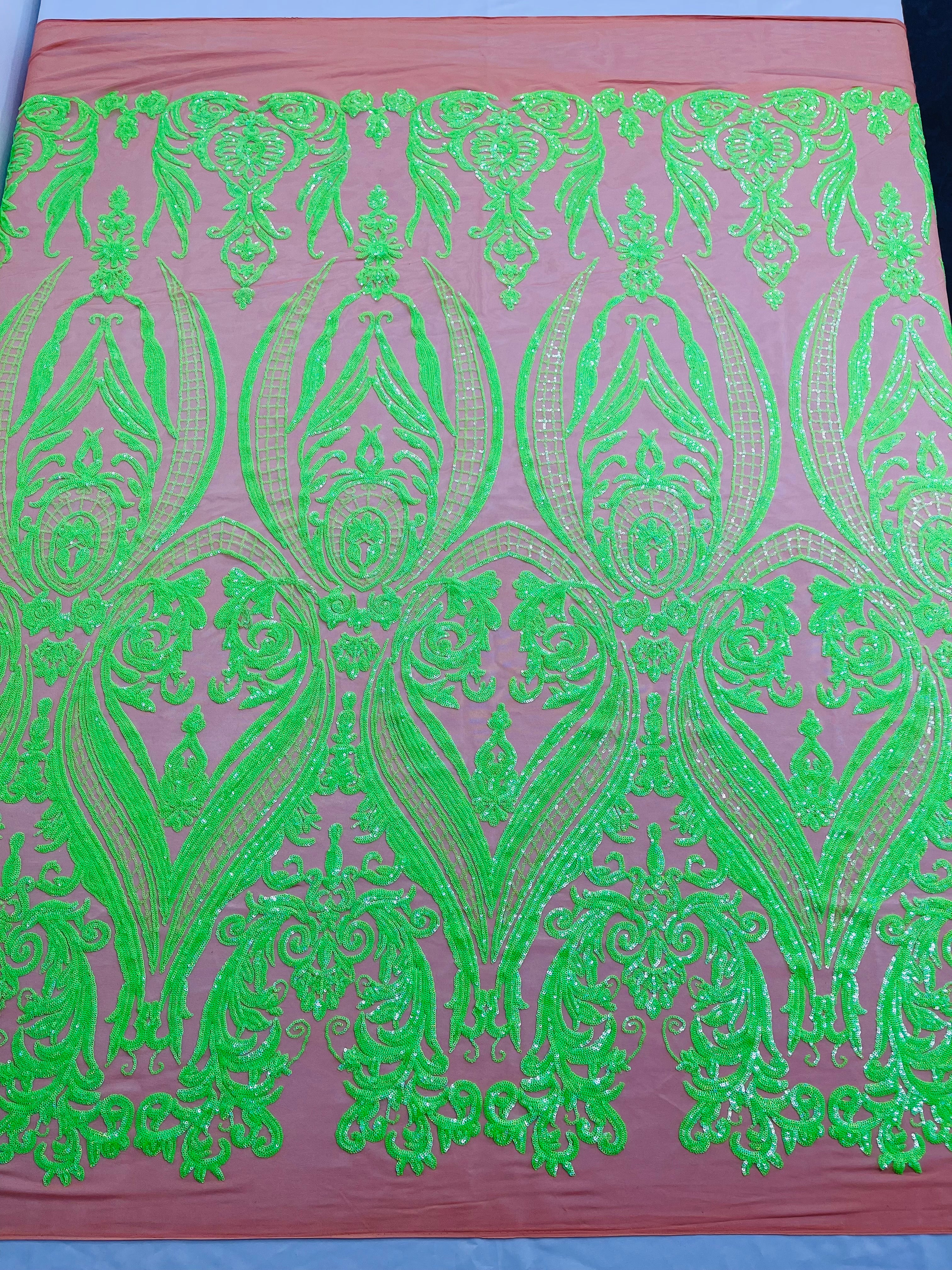 Big Damask 4 Way Sequins - Aqua Iridescent on White - Embroidered Damask Design Sequins Fabric Sold By Yard