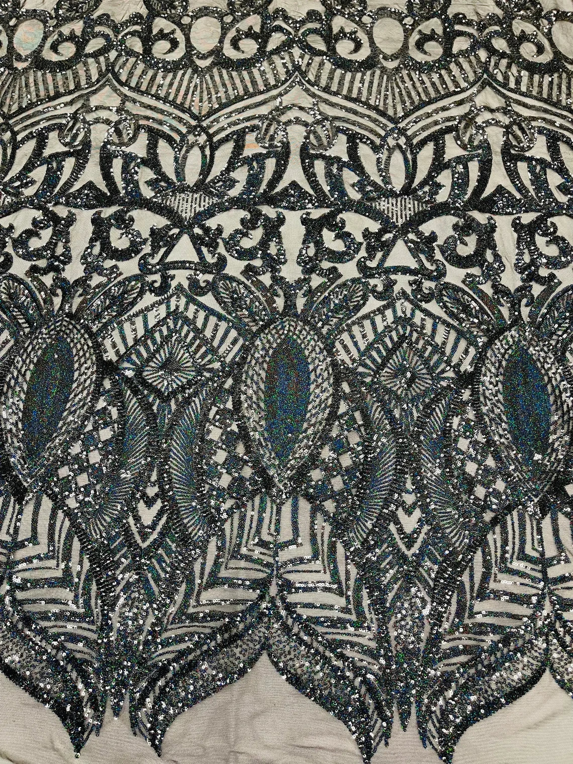 Royalty Damask Sequins Fabric - Hologram Black  - Fancy Royal Lace Design 4 Way Stretch Sequins By Yard