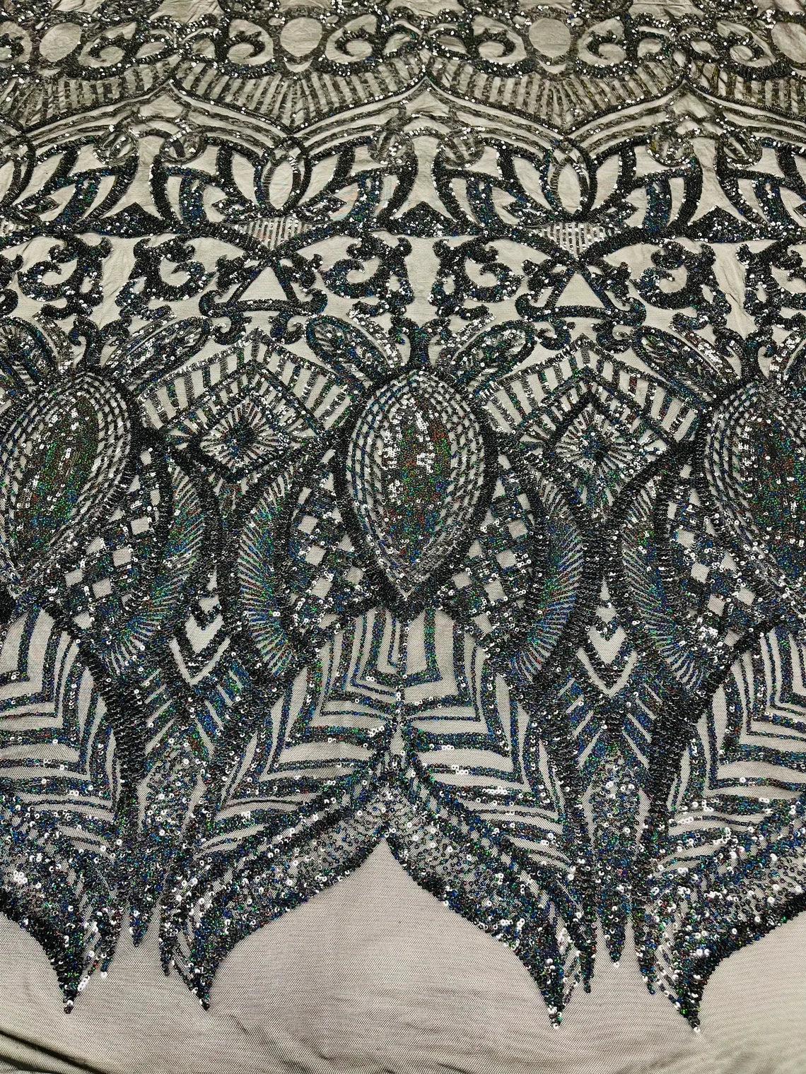 Royalty Damask Sequins Fabric - Hologram Black  - Fancy Royal Lace Design 4 Way Stretch Sequins By Yard