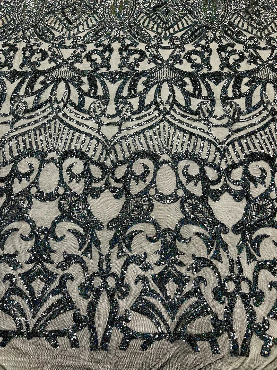 Royalty Damask Sequins Fabric - Hologram Black  - Fancy Royal Lace Design 4 Way Stretch Sequins By Yard