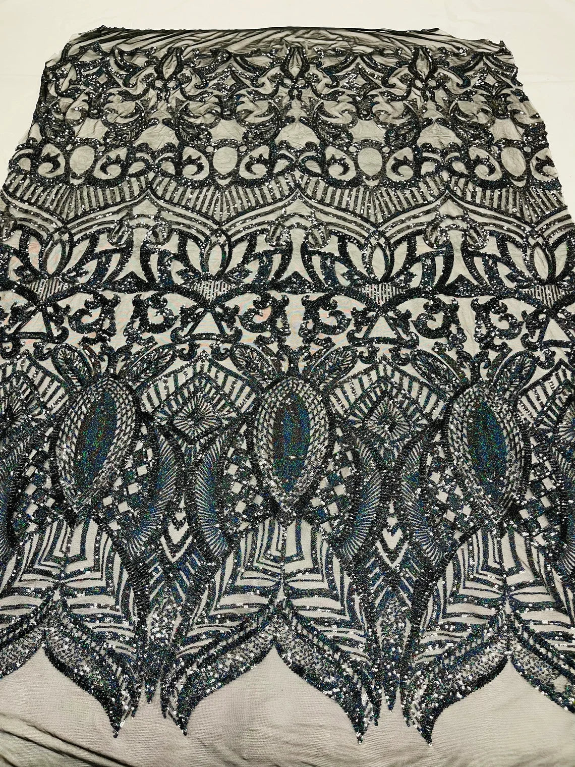 Royalty Damask Sequins Fabric - Hologram Black  - Fancy Royal Lace Design 4 Way Stretch Sequins By Yard