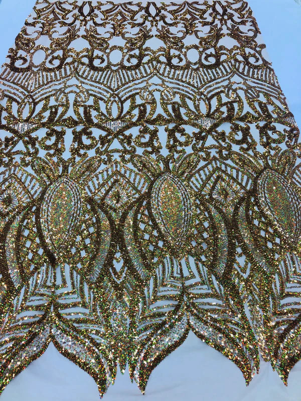 Royalty Damask Sequins Fabric - Hologram Gold - Fancy Royal Lace Design 4 Way Stretch Sequins By Yard