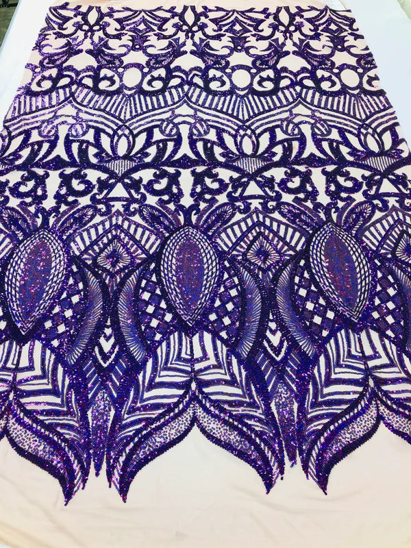 Royalty Damask Sequins Fabric - Hologram Purple - Fancy Royal Lace Design 4 Way Stretch Sequins By Yard