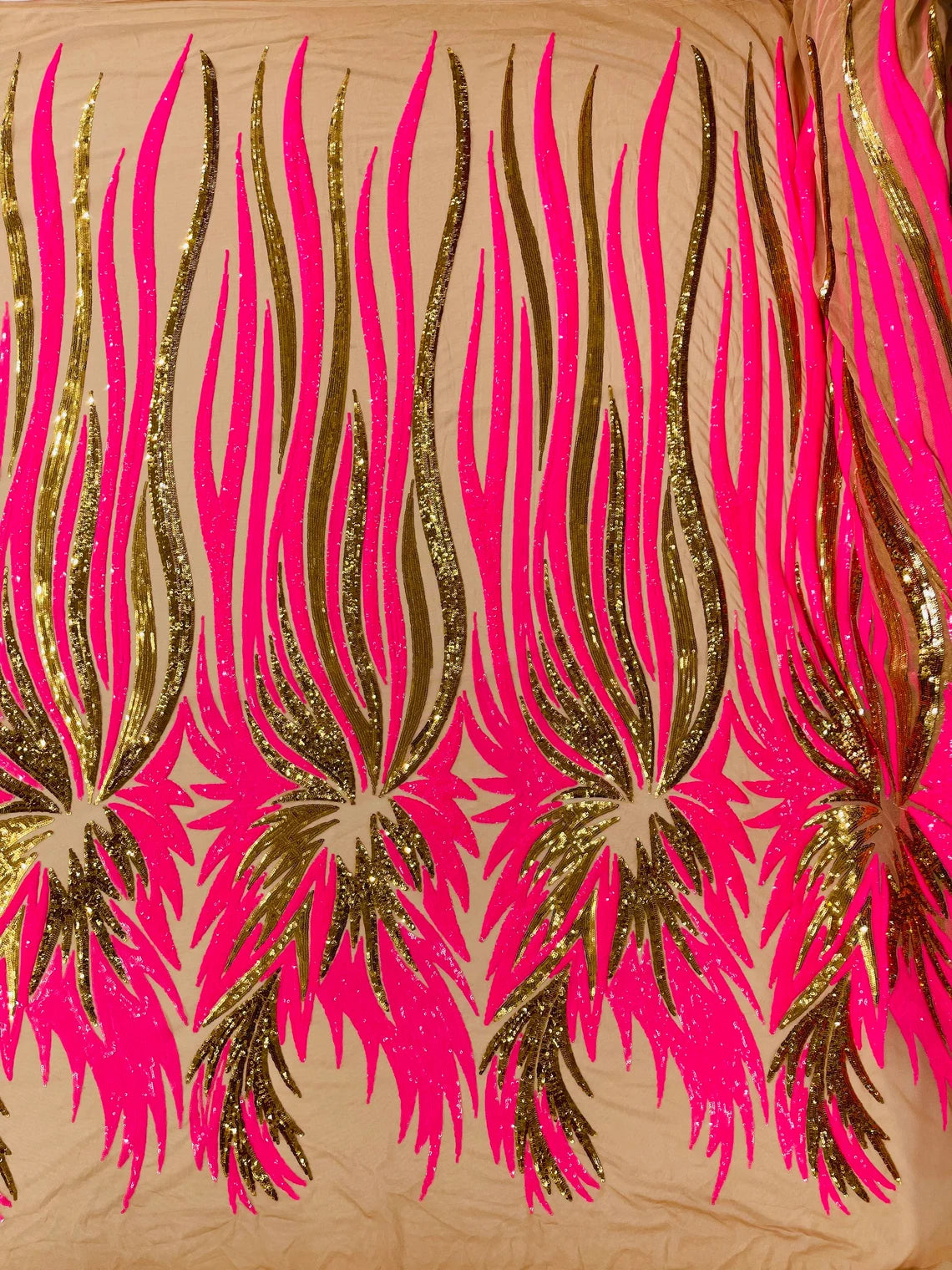 Wings Sequins Fabric - Hot Pink / Gold - Large Feather Wings 4 Way Stretch Sequins Design By Yard