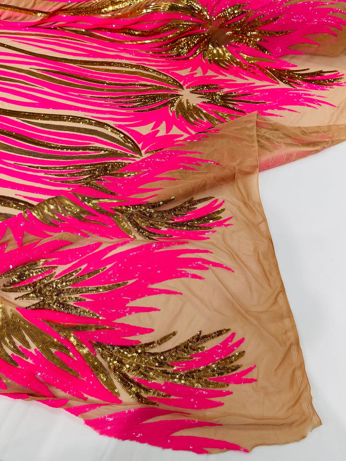 Wings Sequins Fabric - Hot Pink / Gold - Large Feather Wings 4 Way Stretch Sequins Design By Yard