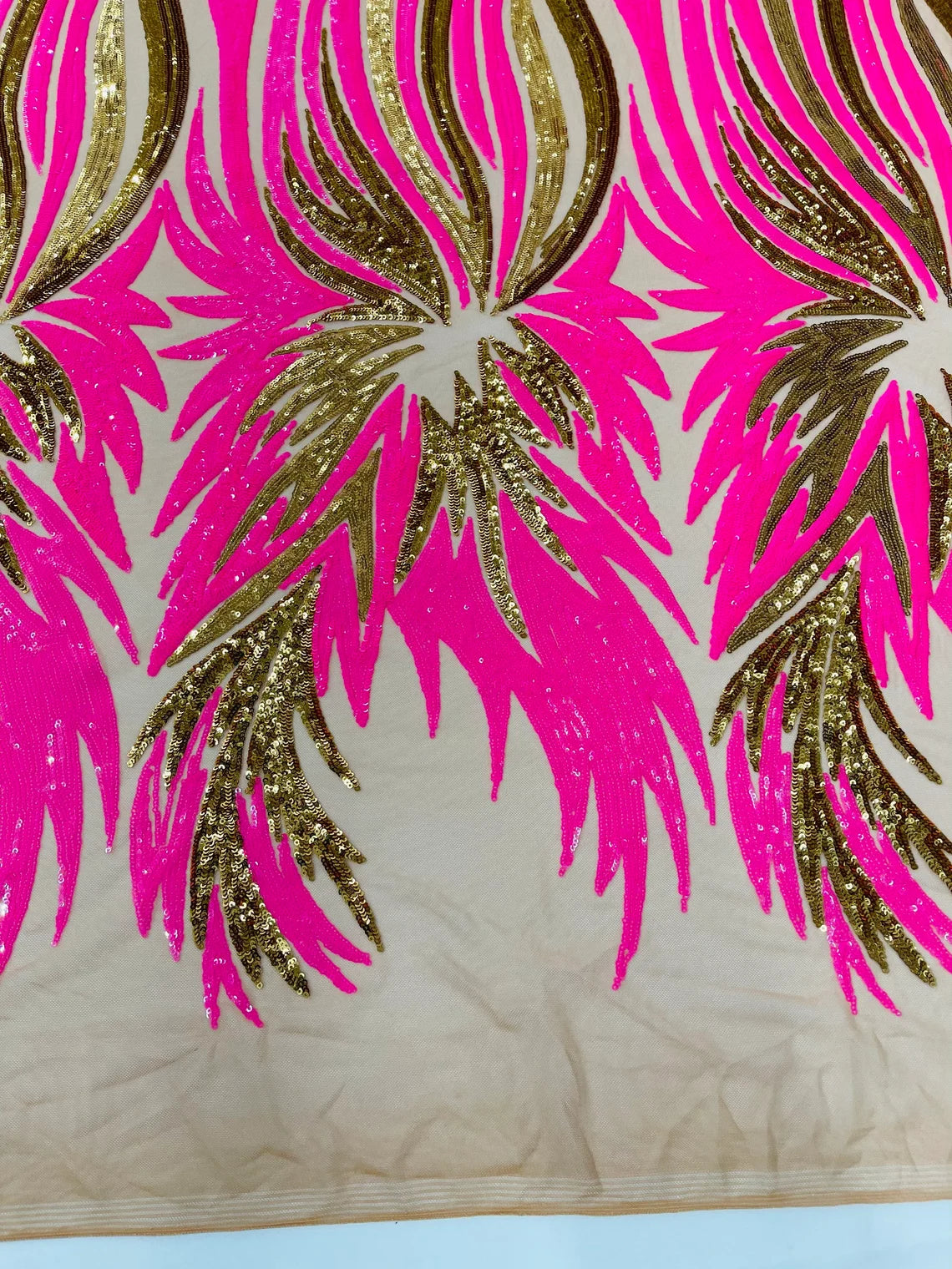 Wings Sequins Fabric - Hot Pink / Gold - Large Feather Wings 4 Way Stretch Sequins Design By Yard