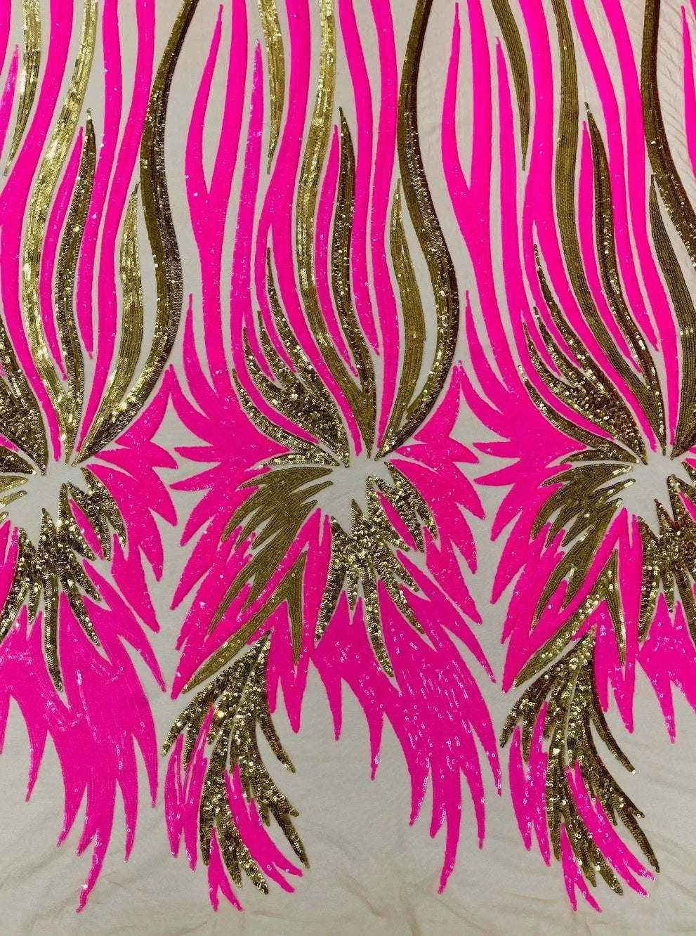 Wings Sequins Fabric - Hot Pink / Gold - Large Feather Wings 4 Way Stretch Sequins Design By Yard