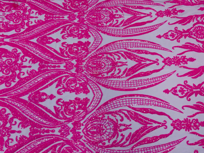 Big Damask 4 Way Sequins - Hot Pink - Embroidered Damask Design Sequins Fabric Sold By Yard