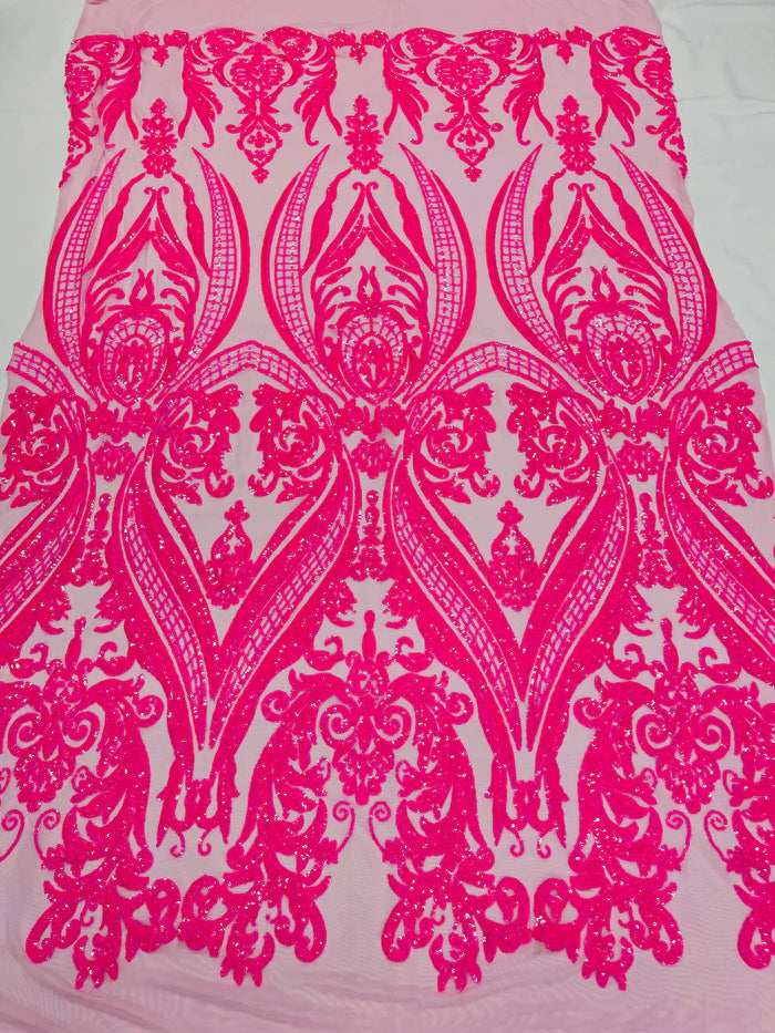 Big Damask 4 Way Sequins - Hot Pink - Embroidered Damask Design Sequins Fabric Sold By Yard