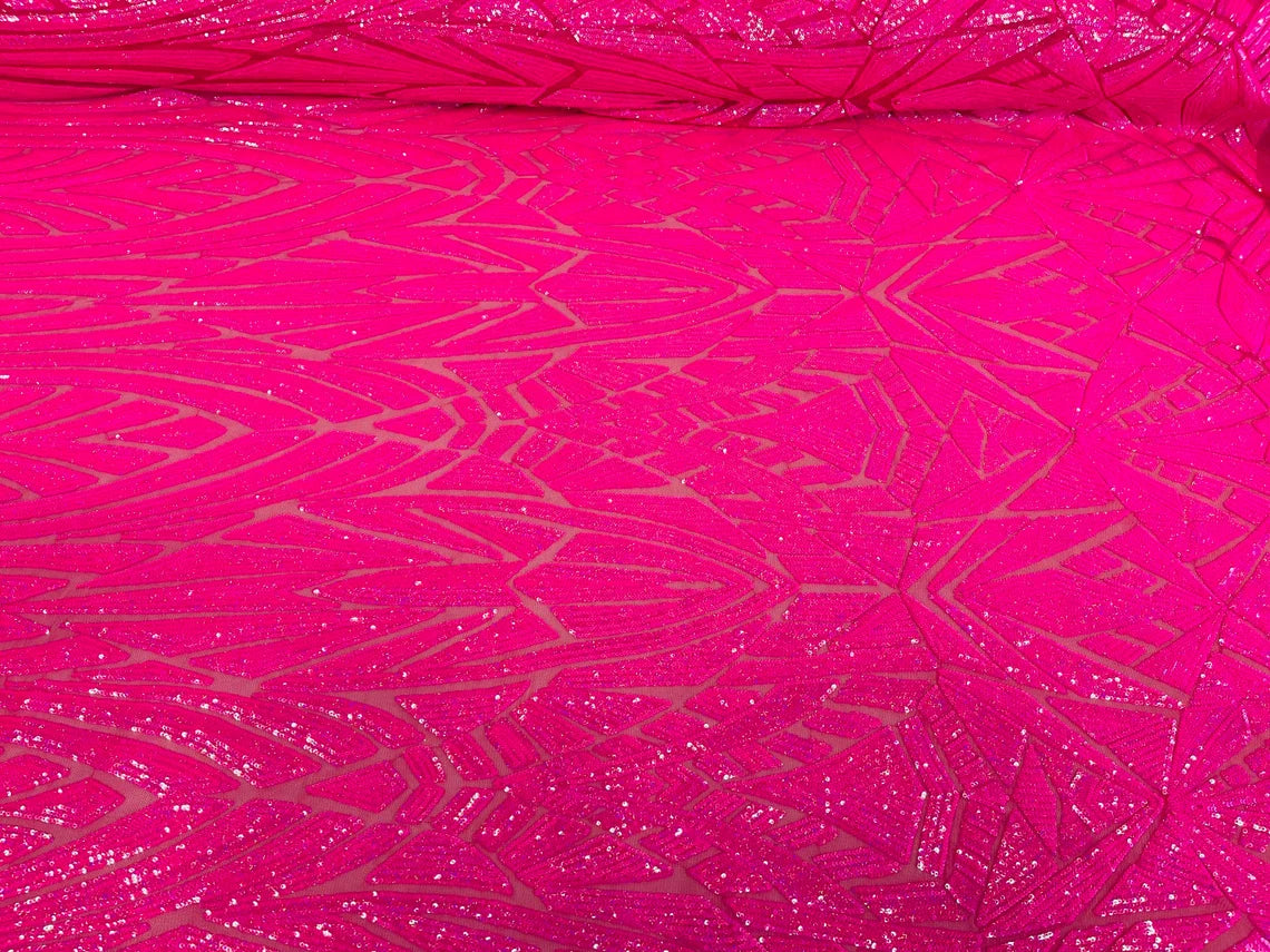 Geometric Triangle Lines Sequins - Hot Pink - 4 Way Stretch Geometric Design Sequins By Yard