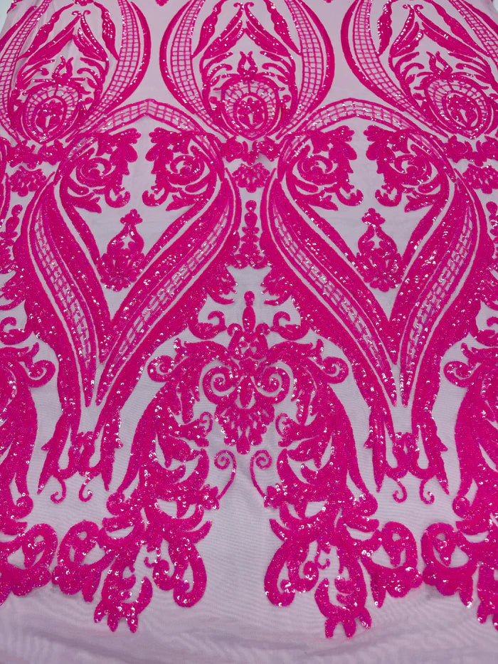 Big Damask 4 Way Sequins - Hot Pink - Embroidered Damask Design Sequins Fabric Sold By Yard