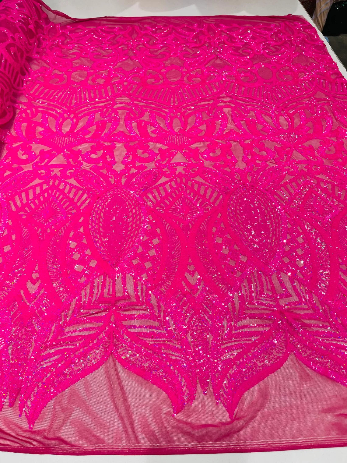 Royalty Damask Sequins Fabric - Hot Pink Holograph - Fancy Royal Lace Design 4 Way Stretch Sequins By Yard