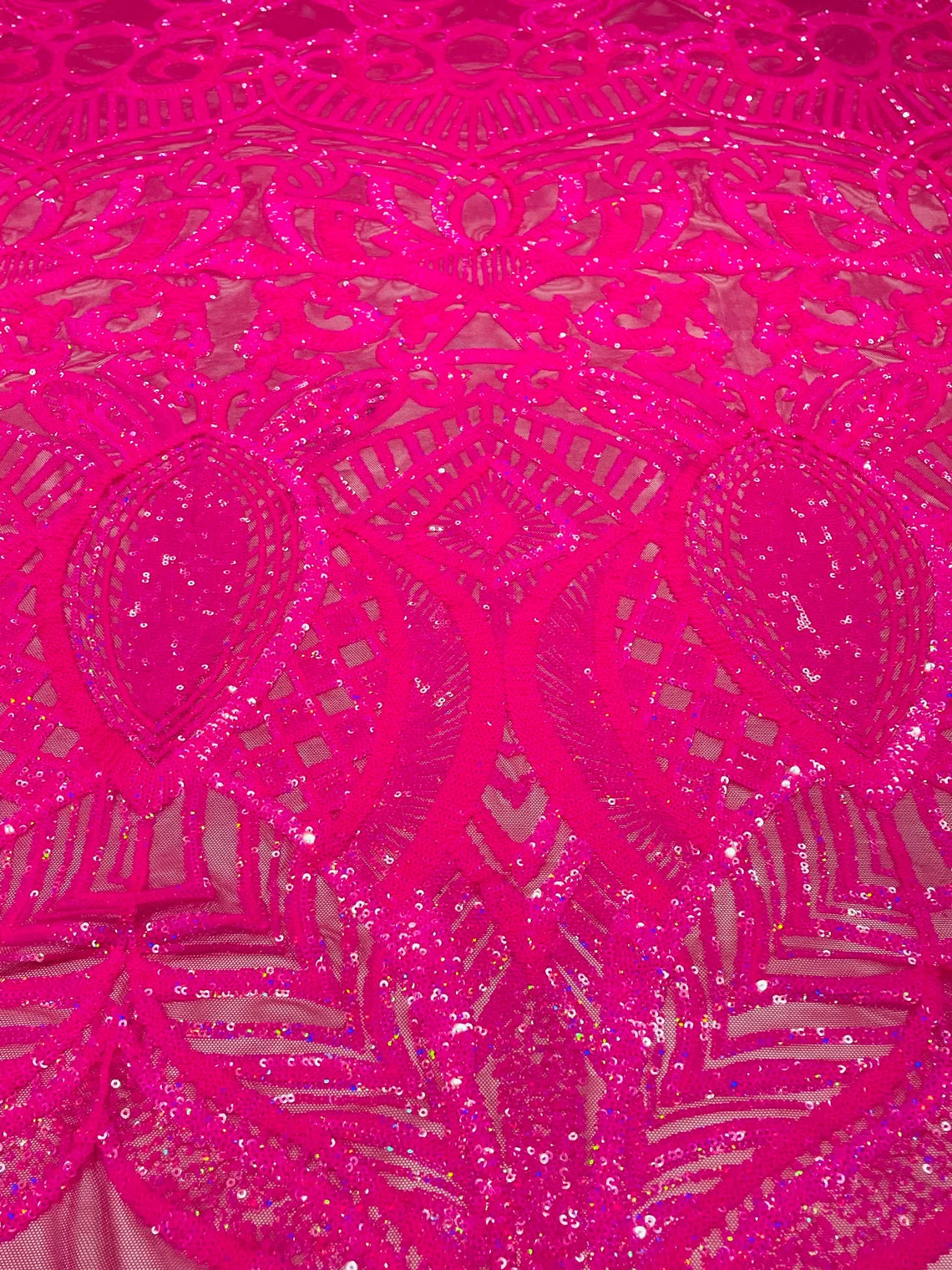 Royalty Damask Sequins Fabric - Hot Pink Holograph - Fancy Royal Lace Design 4 Way Stretch Sequins By Yard