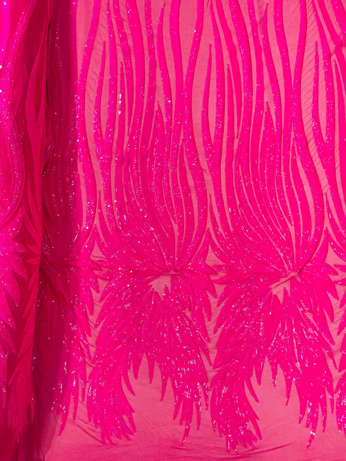 Wings Sequins Fabric - Hot Pink Iridescent - Large Feather Wings 4 Way Stretch Sequins Design By Yard