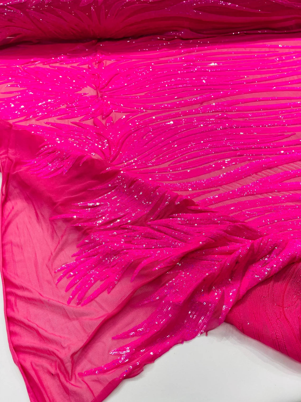 Wings Sequins Fabric - Hot Pink Iridescent - Large Feather Wings 4 Way Stretch Sequins Design By Yard