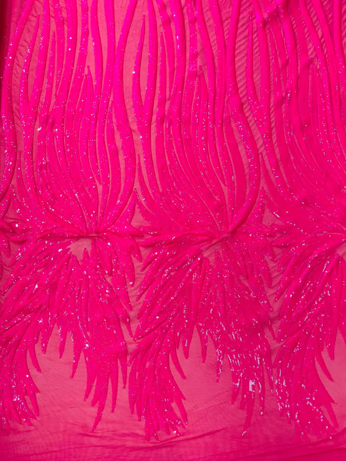 Wings Sequins Fabric - Hot Pink Iridescent - Large Feather Wings 4 Way Stretch Sequins Design By Yard