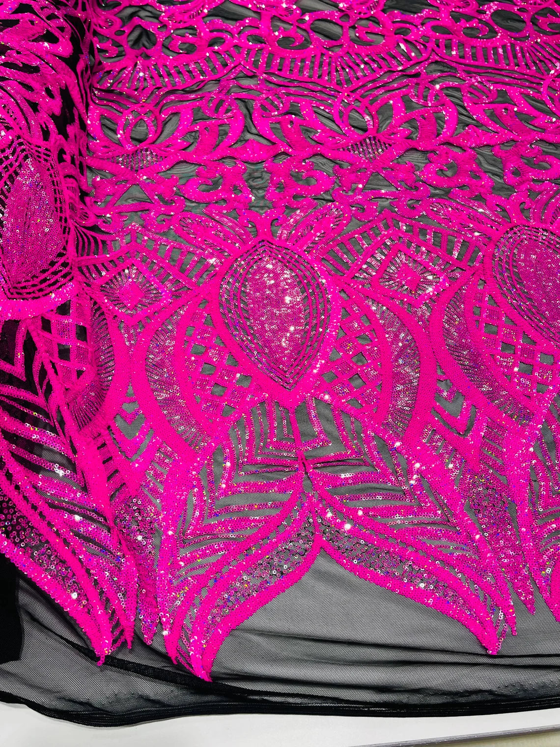 Royalty Damask Sequins Fabric - Hot Pink on Black - Fancy Royal Lace Design 4 Way Stretch Sequins By Yard