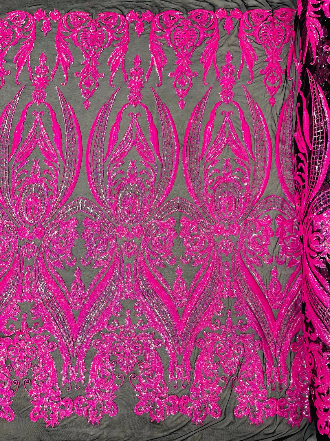 Big Damask 4 Way Sequins - Hot Pink on Black - Embroidered Damask Design Sequins Fabric Sold By Yard