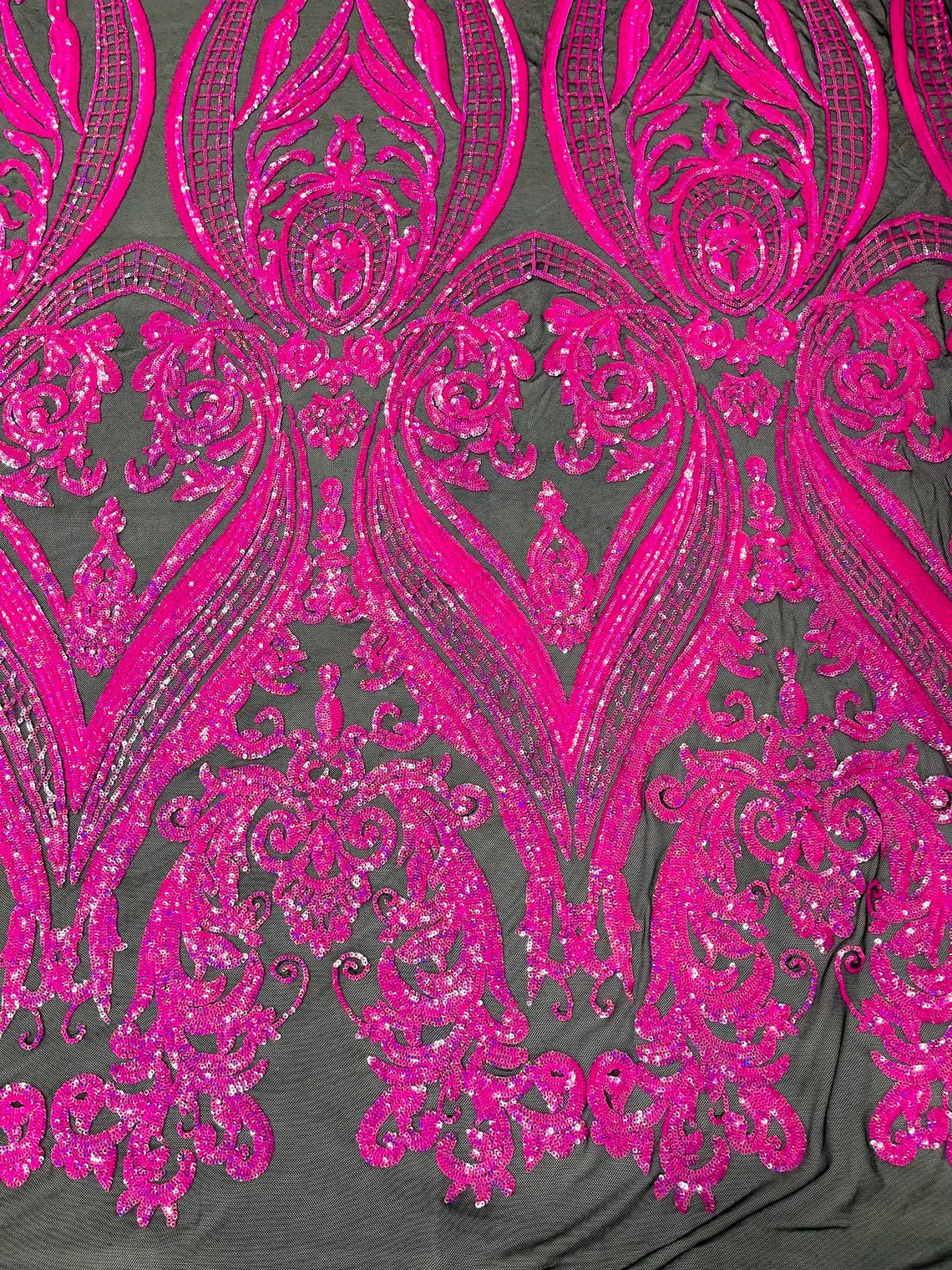 Big Damask 4 Way Sequins - Hot Pink on Black - Embroidered Damask Design Sequins Fabric Sold By Yard