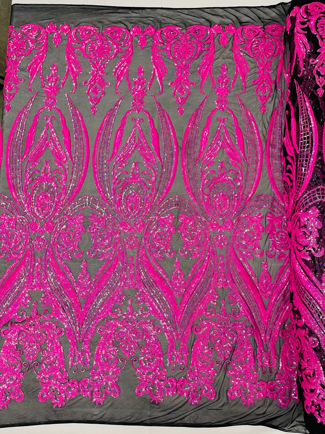 Big Damask 4 Way Sequins - Hot Pink on Black - Embroidered Damask Design Sequins Fabric Sold By Yard