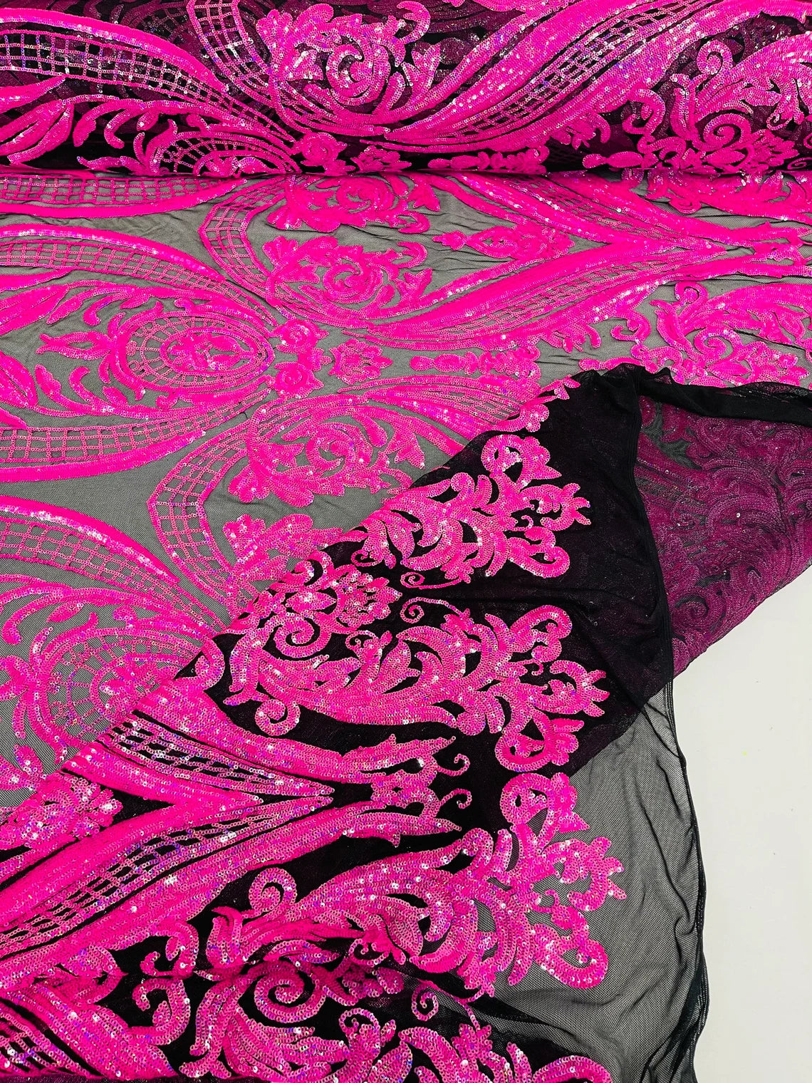 Big Damask 4 Way Sequins - Hot Pink on Black - Embroidered Damask Design Sequins Fabric Sold By Yard