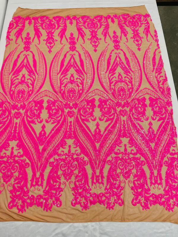 Big Damask 4 Way Sequins - Hot Pink on Dark Nude - Embroidered Damask Design Sequins Fabric Sold By Yard