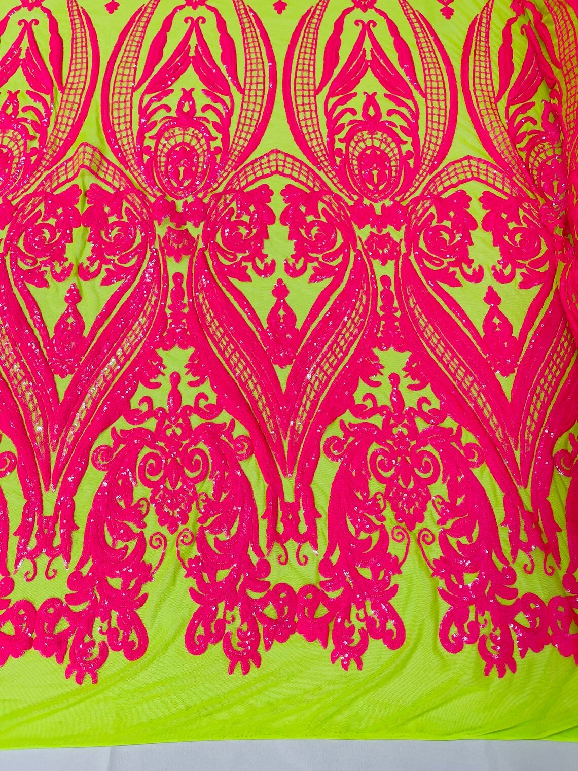 Big Damask 4 Way Sequins - Hot Pink on Lime Green - Embroidered Damask Design Sequins Fabric Sold By Yard