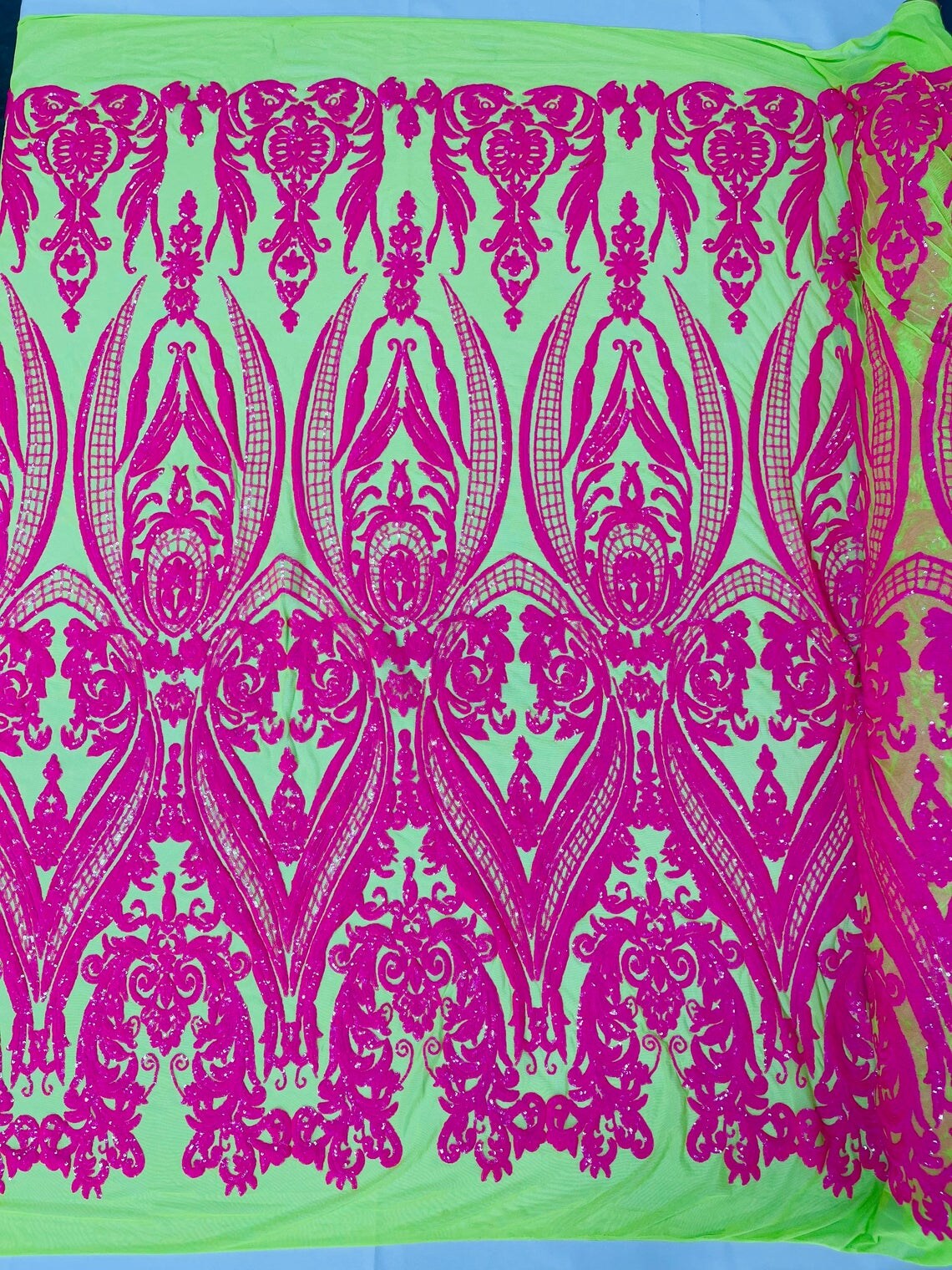 Big Damask 4 Way Sequins - Hot Pink on Lime Green - Embroidered Damask Design Sequins Fabric Sold By Yard