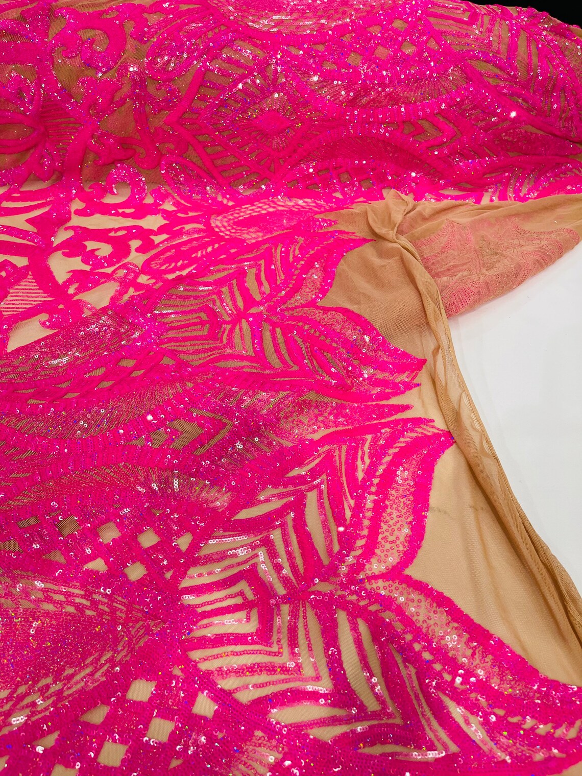 Royalty Damask Sequins Fabric - Hot Pink on Nude - Fancy Royal Lace Design 4 Way Stretch Sequins By Yard