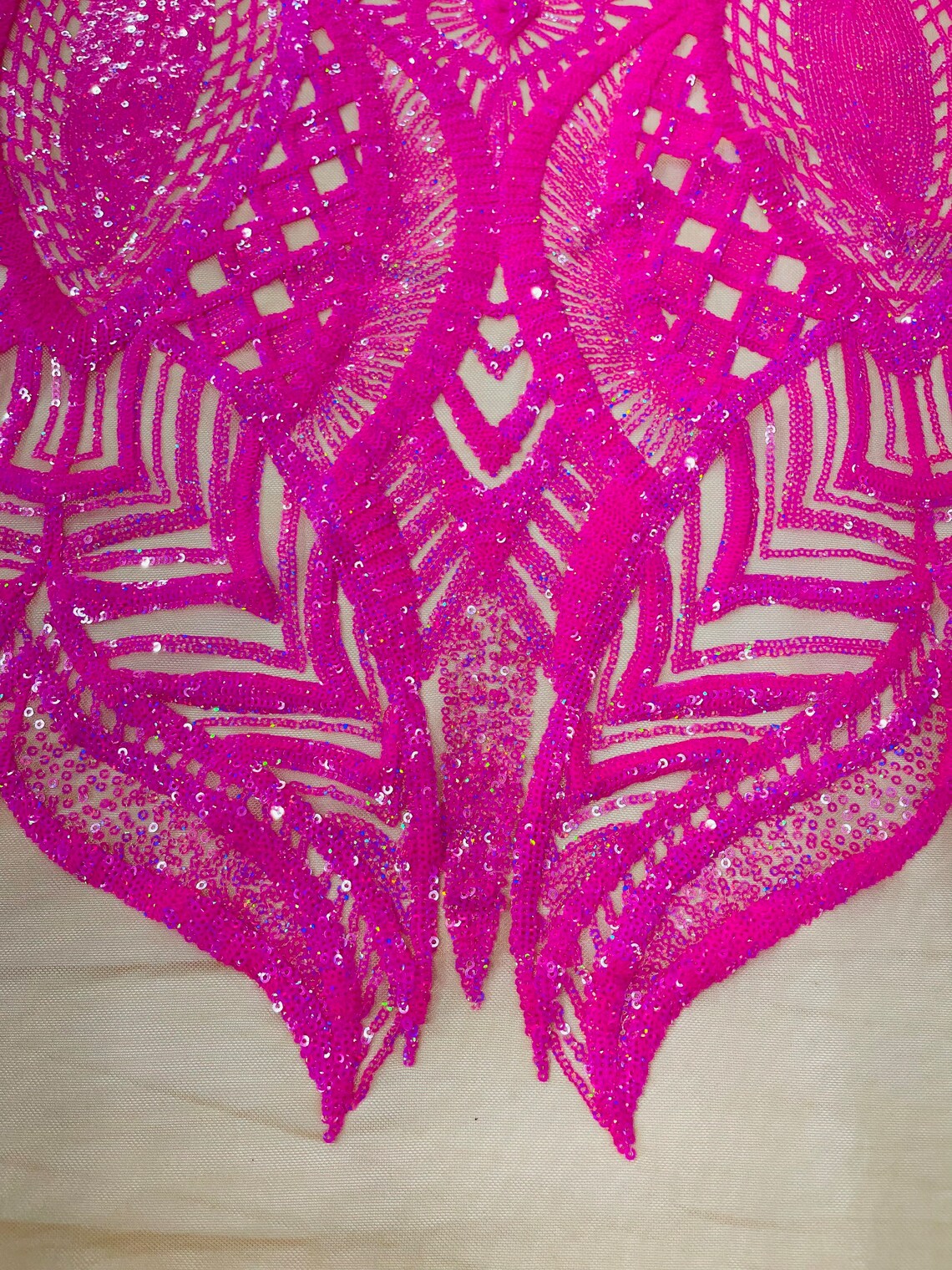 Royalty Damask Sequins Fabric - Hot Pink on Nude - Fancy Royal Lace Design 4 Way Stretch Sequins By Yard