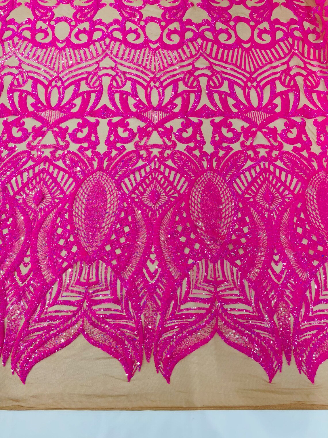 Royalty Damask Sequins Fabric - Hot Pink on Nude - Fancy Royal Lace Design 4 Way Stretch Sequins By Yard