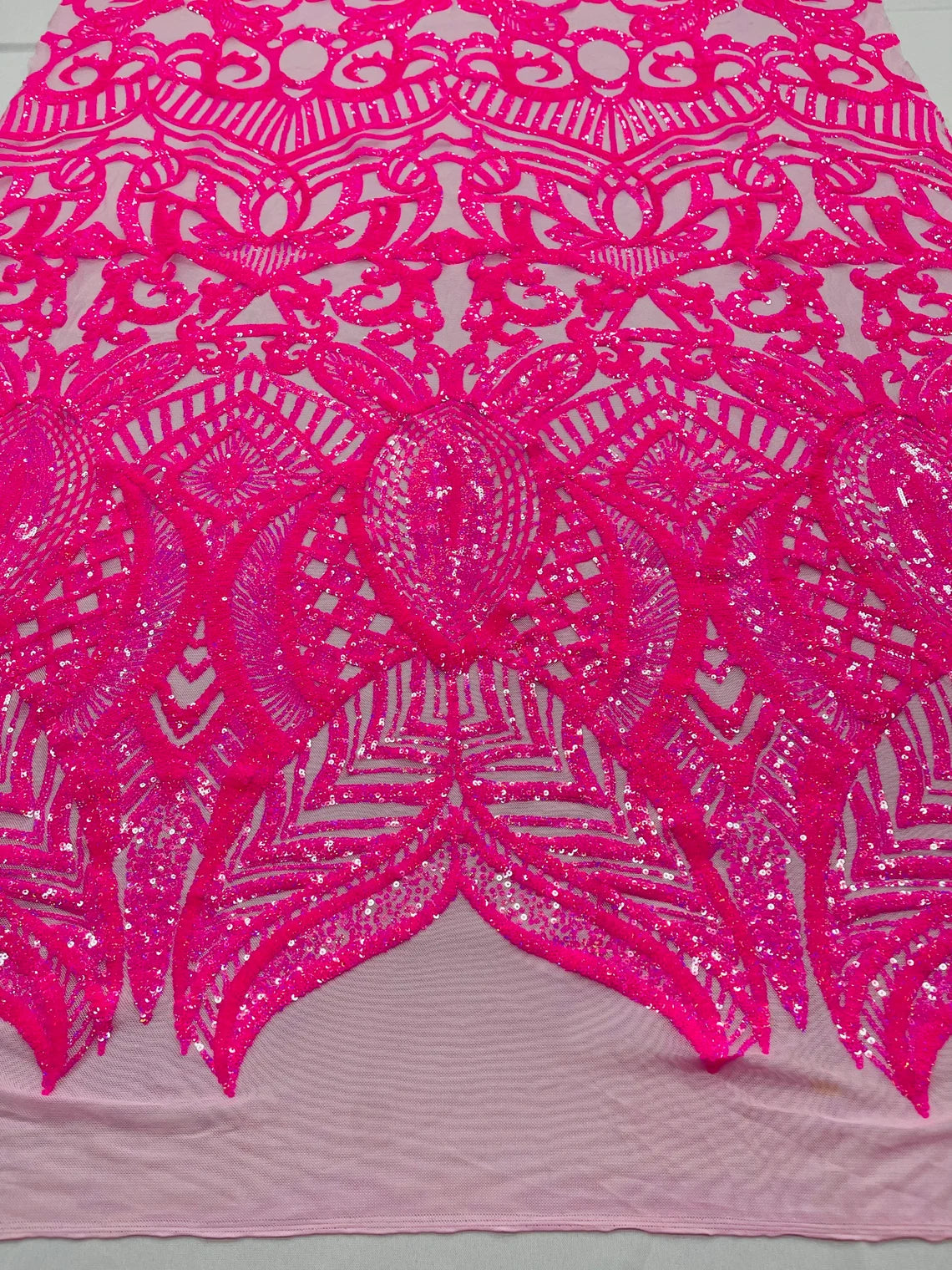 Royalty Damask Sequins Fabric - Hot Pink on Hot Pink - Fancy Royal Lace Design 4 Way Stretch Sequins By Yard