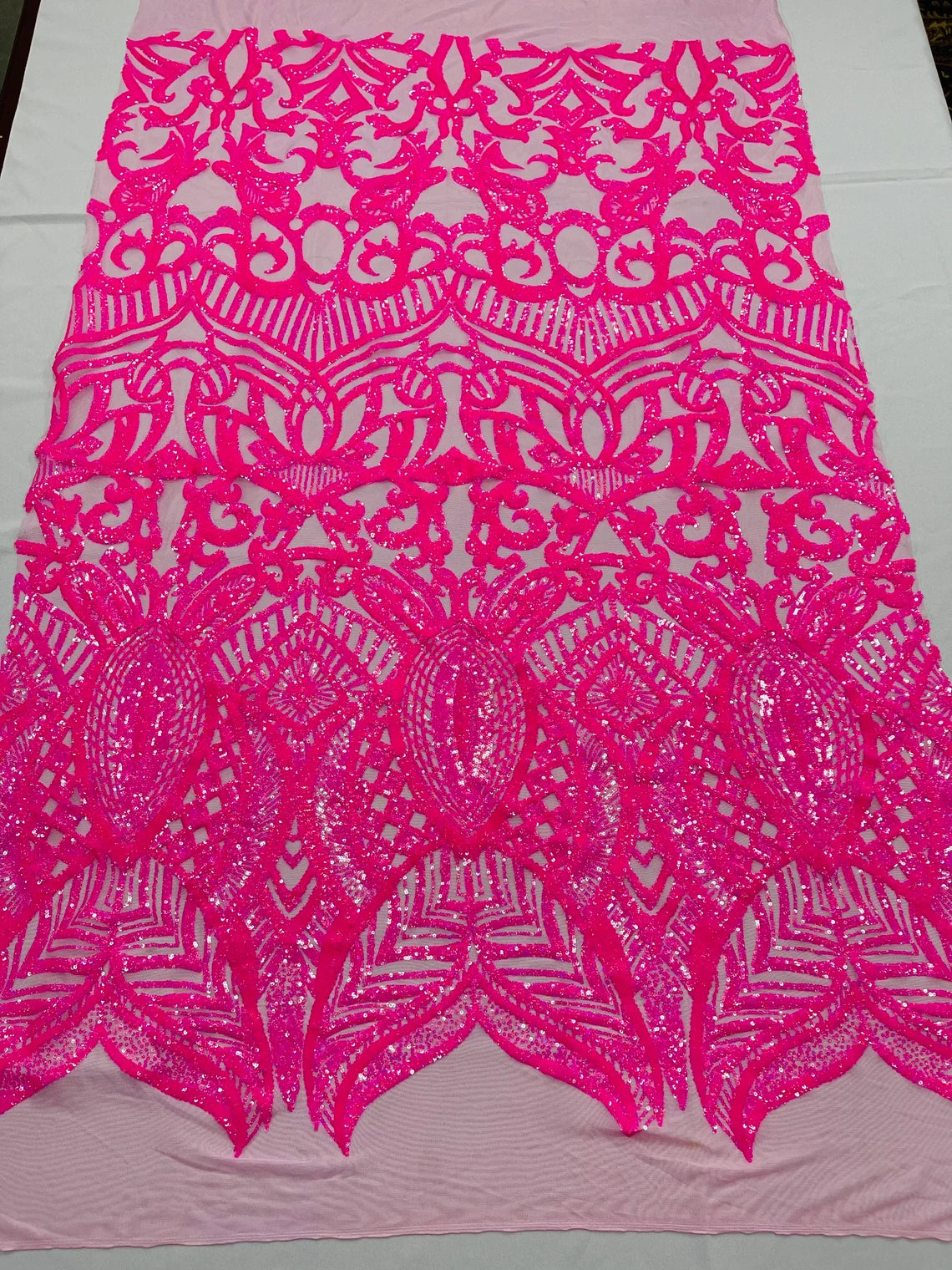 Royalty Damask Sequins Fabric - Hot Pink on Hot Pink - Fancy Royal Lace Design 4 Way Stretch Sequins By Yard