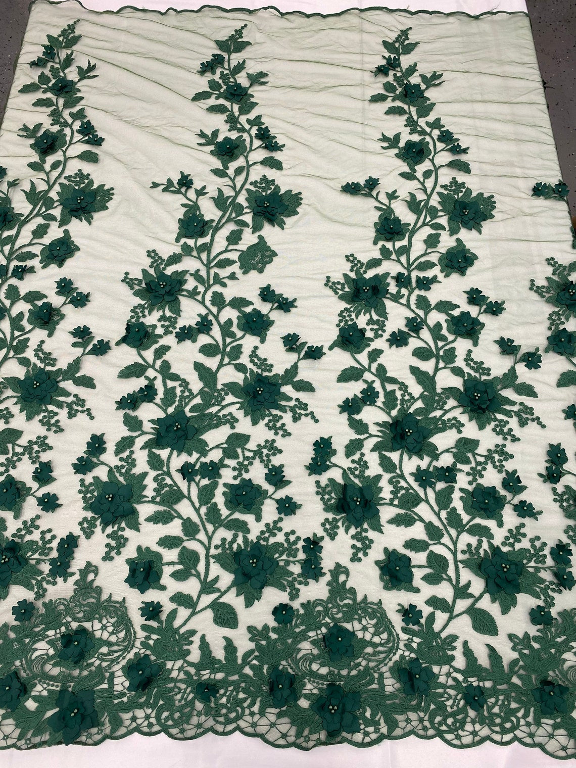 3D Floral Princess Fabric - Hunter Green - Embroidered Floral Lace Fabric with 3D Flowers By Yard