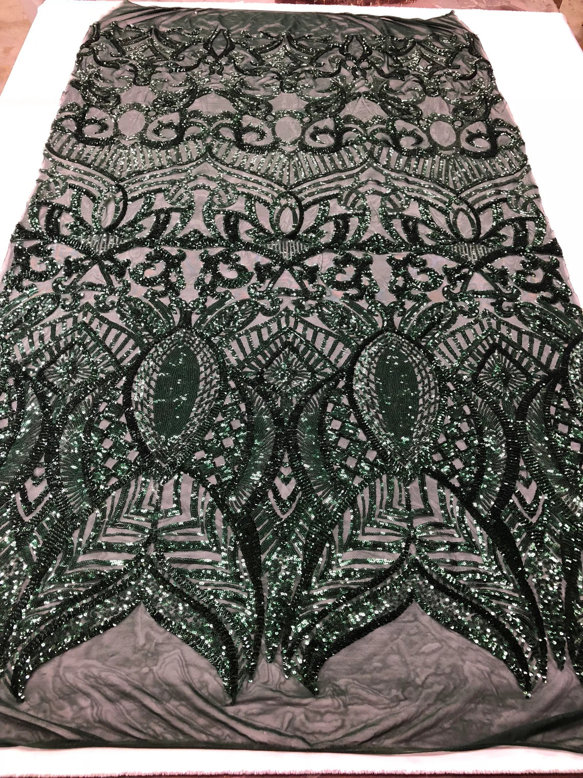 Royalty Damask Sequins Fabric - Hunter Green - Fancy Royal Lace Design 4 Way Stretch Sequins By Yard