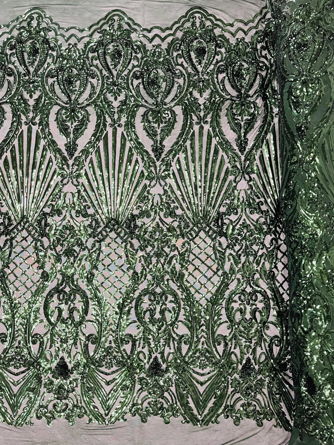 Seashell Geometric Sequins - Hunter Green - Embroidered Sequins on 4 Way Stretch Lace Mesh Sold By Yard