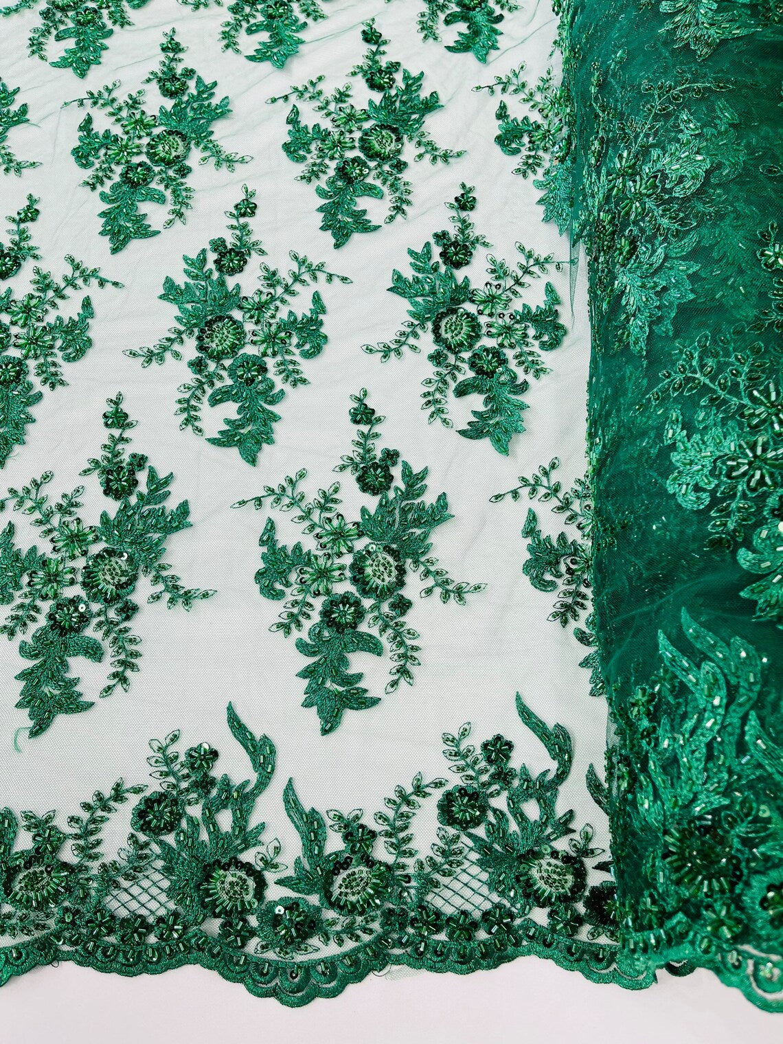 Floral Leaf Bead Sequins Fabric - Hunter Green - Embroidered Flower and Leaves Design Fabric By Yard