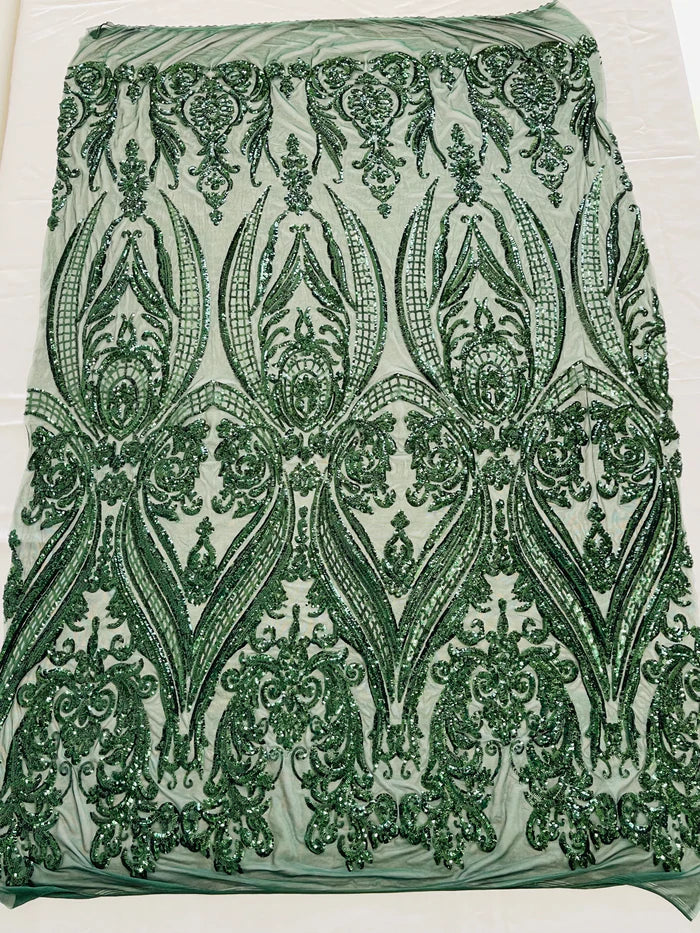 Big Damask 4 Way Sequins - Hunter Green - Embroidered Damask Design Sequins Fabric Sold By Yard