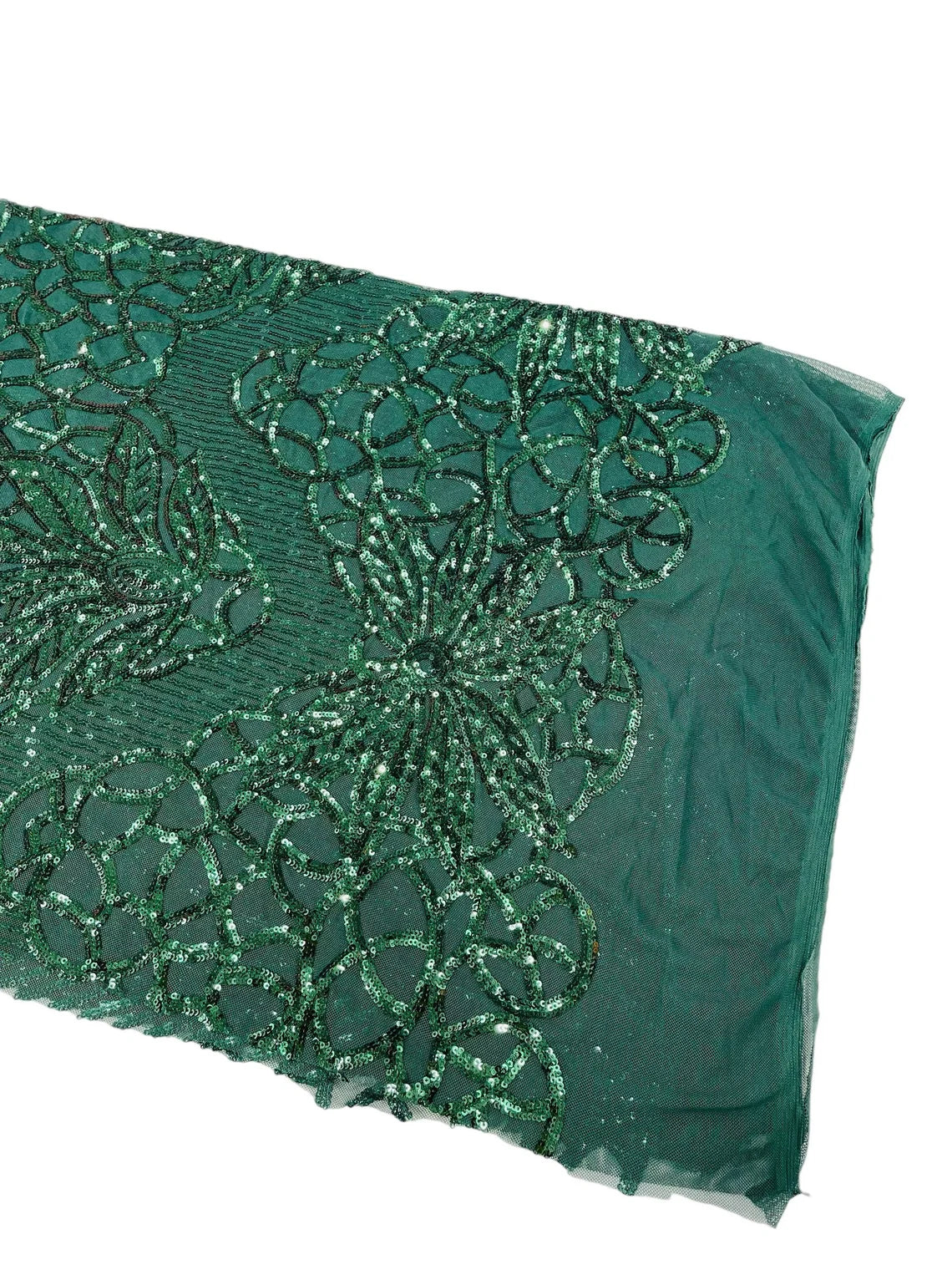 Gorgeous Star Leaf Fabric - Hunter Green - Leaf Design Embroidered 4 Way Stretch Sequins Fabric By Yard