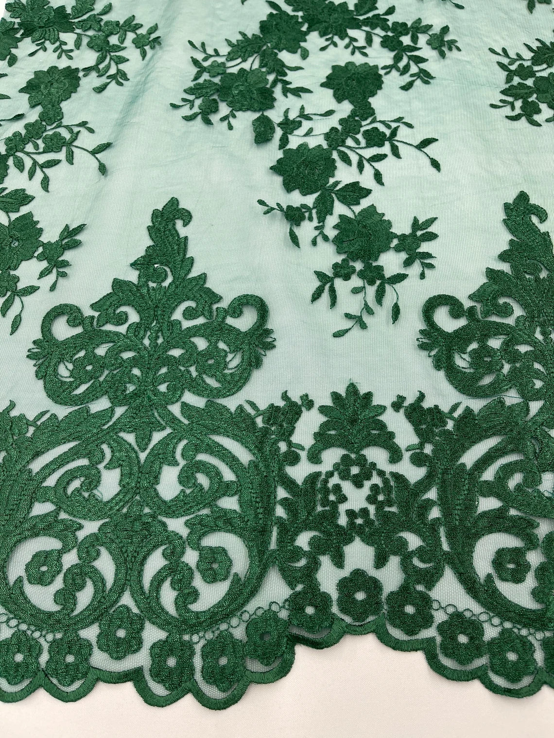 Damask Design Lace Fabric - Hunter Green - Embroidered Damask Fancy Beautiful Design Lace Fabric By Yard