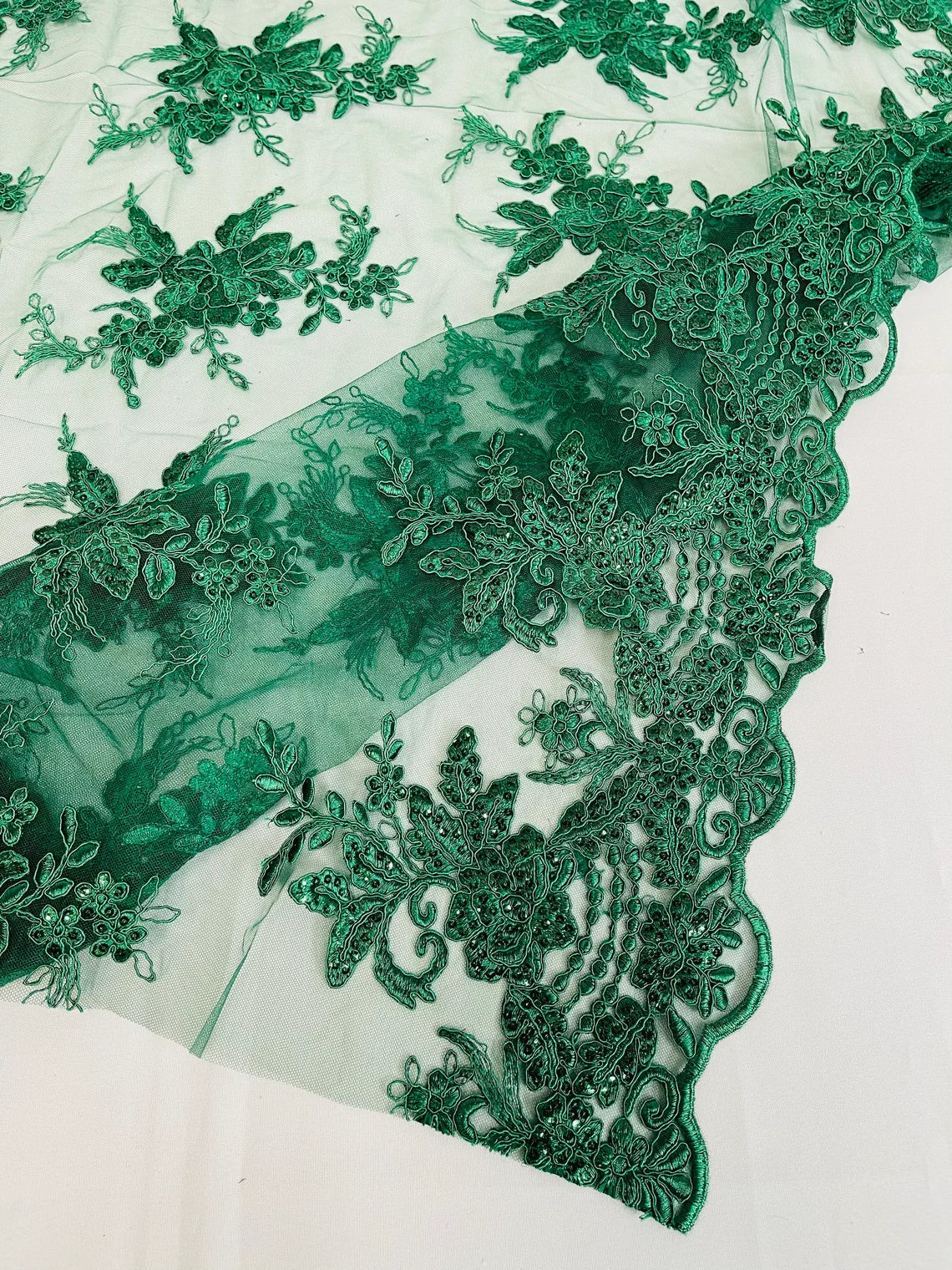 Flower Lace Sequins Fabric - Hunter Green - Floral Pattern Sequins Embroidered Fabric By Yard