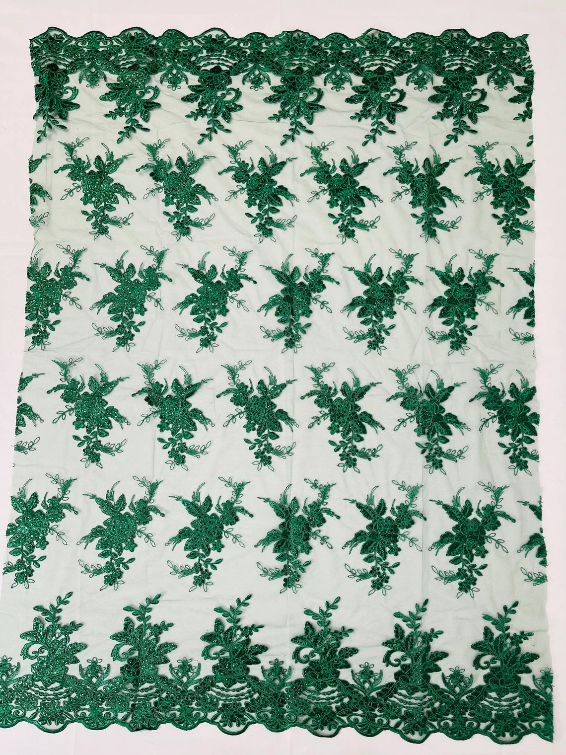 Flower Lace Sequins Fabric - Hunter Green - Floral Pattern Sequins Embroidered Fabric By Yard